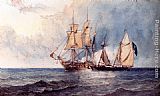 Famous War Paintings - A Man-O-War And Pirate Ship At Full Sail On Open Seas